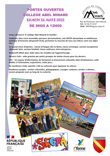 Portes ouvertes college Abel Minard mars 2022